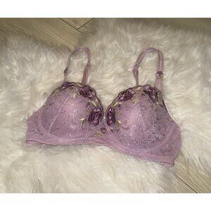 Vintage Olga 33166 Floral Mystique Contour Lace Bra Embroidered UW 34C Purple